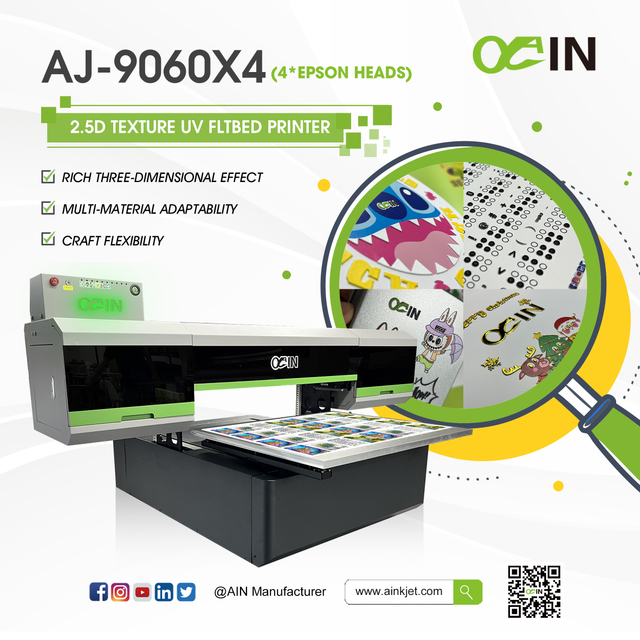 AINKJET AJ-9060X4 طابعة مسطحة UV ذات نسيج منقوش ثلاثي الأبعاد