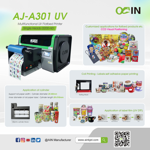 ANKJET AJ-A301 เครื่องพิมพ์ฉลาก UV DTF Flatbed + Roll Crystal มัลติฟังก์ชั่น