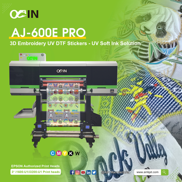 طابعة AJ-600E Pro ثلاثية الأبعاد مطرزة بالأشعة فوق البنفسجية DTF لفافة إلى لفافة 