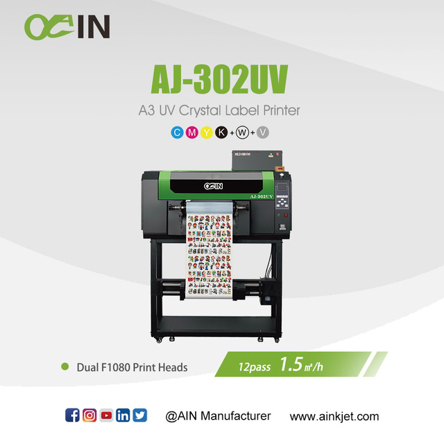 AINKJET AJ‑302UV A3 طابعة ملصقات كريستالية بالأشعة فوق البنفسجية AB آلة طباعة لفة إلى لفة 