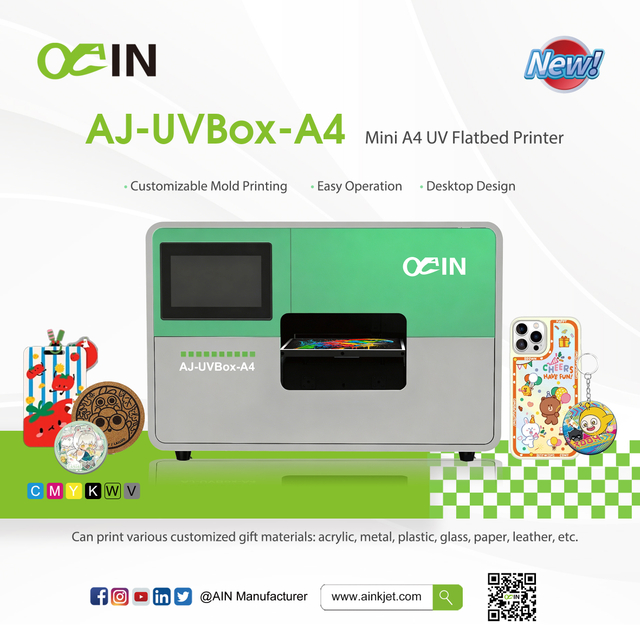 طابعة مسطحة AJ-UVBox-A4 صغيرة الحجم تعمل بالأشعة فوق البنفسجية